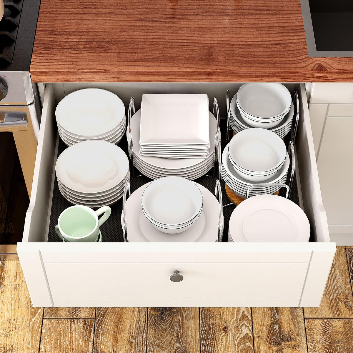 Adjustable Bamboo Plate Organizer for Drawer, Dish Holder for Cabinet, RV