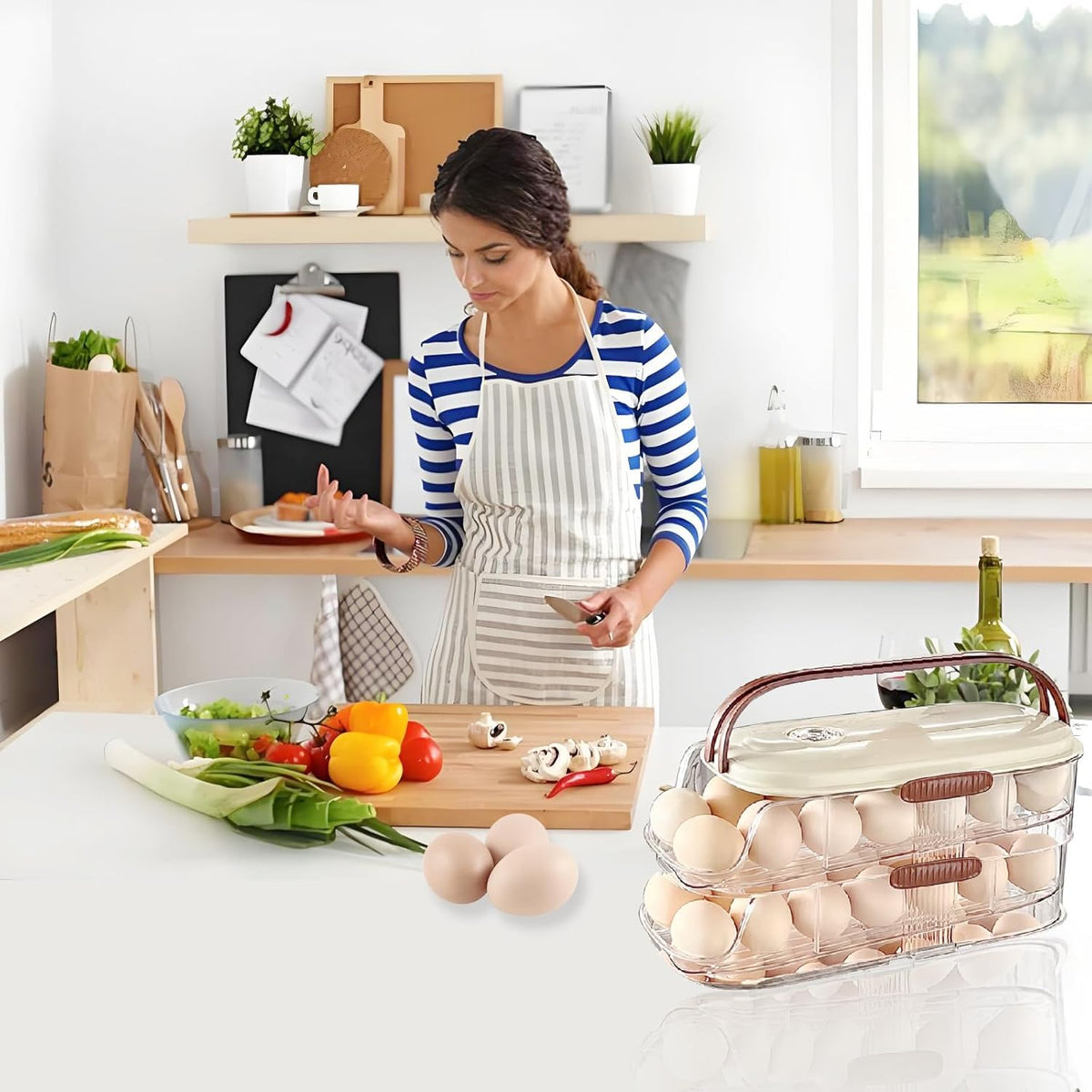 Egg Holder for Fridge with Lid and Handle, Automatic Rolling Egg Container for Refrigerator, Stackable Egg Organizer for Refrigerator, Countertop, Kitchen & Outdoor Use,Pantry Storage, Timed Freshness
