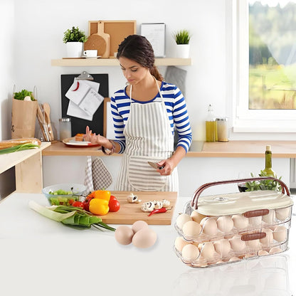 Egg Holder for Fridge with Lid and Handle, Automatic Rolling Egg Container for Refrigerator, Stackable Egg Organizer for Refrigerator, Countertop, Kitchen & Outdoor Use,Pantry Storage, Timed Freshness
