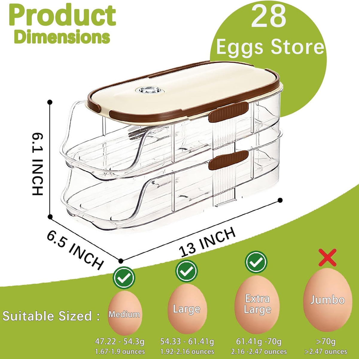 Egg Holder for Fridge with Lid and Handle, Automatic Rolling Egg Container for Refrigerator, Stackable Egg Organizer for Refrigerator, Countertop, Kitchen & Outdoor Use,Pantry Storage, Timed Freshness