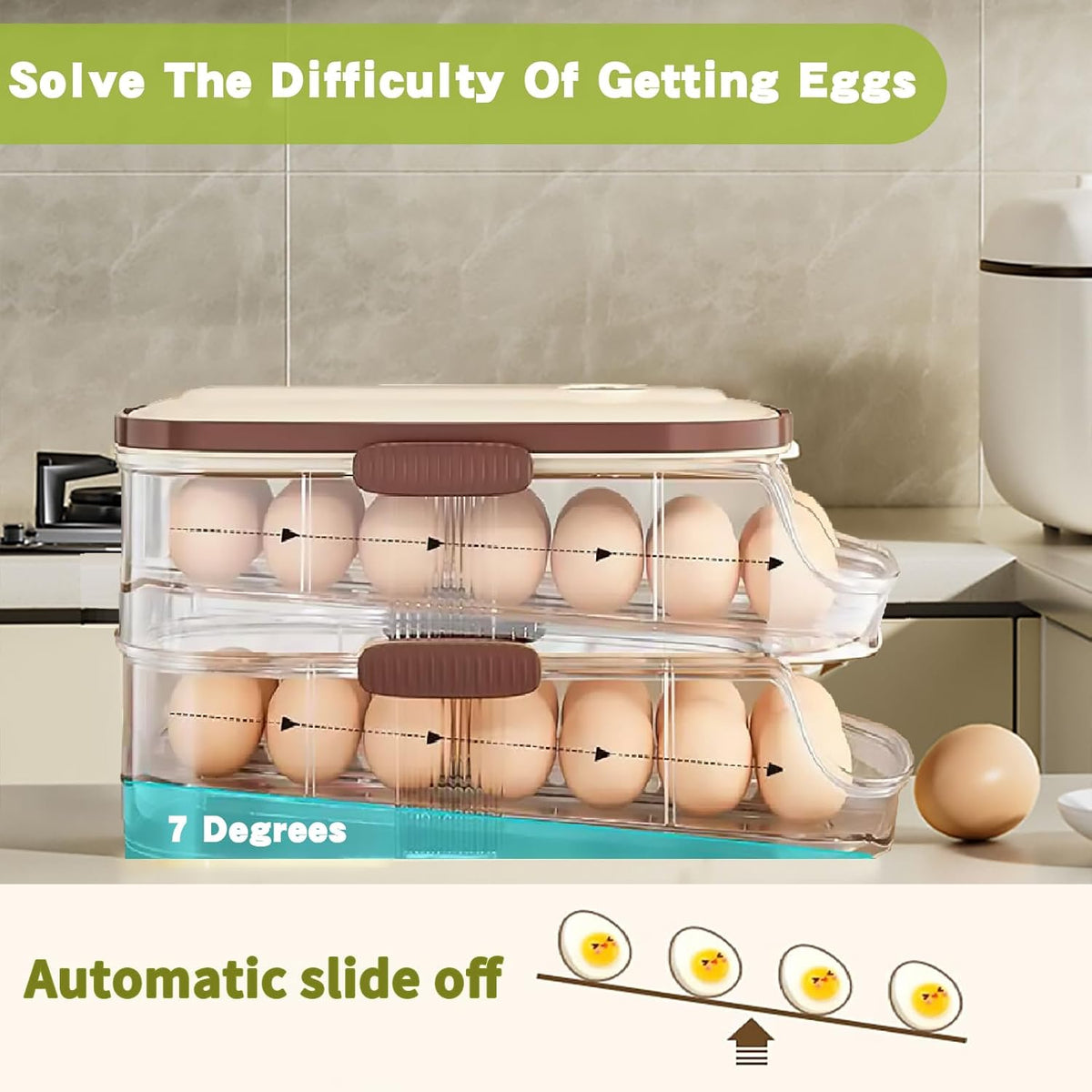 Egg Holder for Fridge with Lid and Handle, Automatic Rolling Egg Container for Refrigerator, Stackable Egg Organizer for Refrigerator, Countertop, Kitchen & Outdoor Use,Pantry Storage, Timed Freshness
