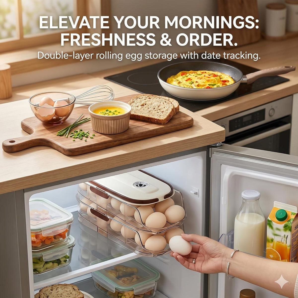 Egg Holder for Fridge with Lid and Handle, Automatic Rolling Egg Container for Refrigerator, Stackable Egg Organizer for Refrigerator, Countertop, Kitchen & Outdoor Use,Pantry Storage, Timed Freshness