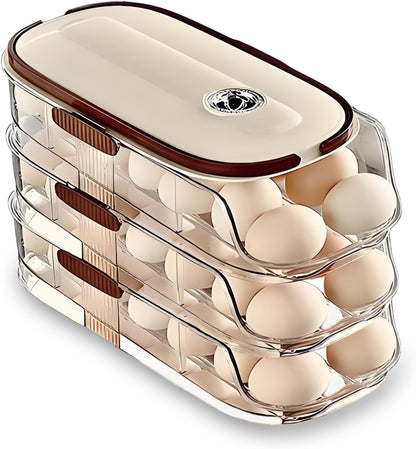Egg Holder for Fridge with Lid and Handle, Automatic Rolling Egg Container for Refrigerator, Stackable Egg Organizer for Refrigerator, Countertop, Kitchen & Outdoor Use,Pantry Storage, Timed Freshness