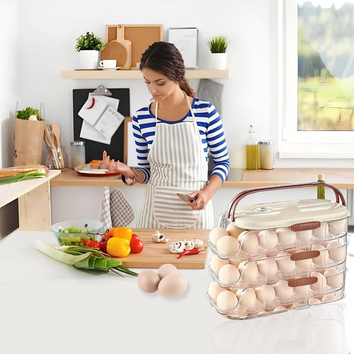 Egg Holder for Fridge with Lid and Handle, Automatic Rolling Egg Container for Refrigerator, Stackable Egg Organizer for Refrigerator, Countertop, Kitchen & Outdoor Use,Pantry Storage, Timed Freshness