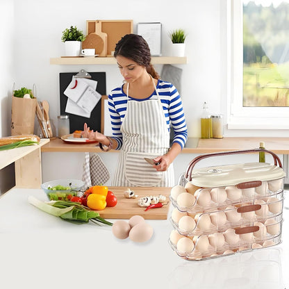 Egg Holder for Fridge with Lid and Handle, Automatic Rolling Egg Container for Refrigerator, Stackable Egg Organizer for Refrigerator, Countertop, Kitchen & Outdoor Use,Pantry Storage, Timed Freshness