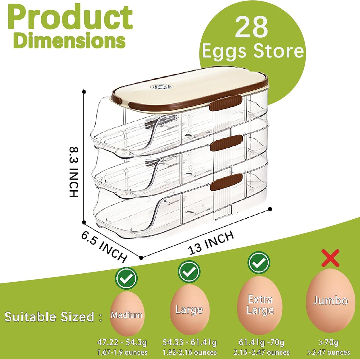 Egg Holder for Fridge with Lid and Handle, Automatic Rolling Egg Container for Refrigerator, Stackable Egg Organizer for Refrigerator, Countertop, Kitchen & Outdoor Use,Pantry Storage, Timed Freshness