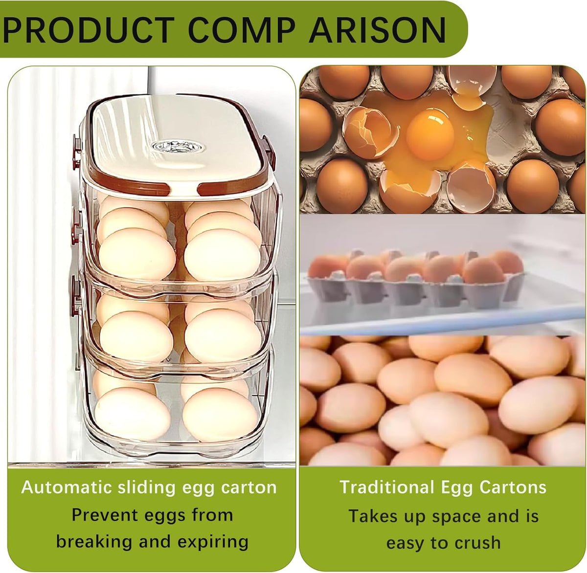 Egg Holder for Fridge with Lid and Handle, Automatic Rolling Egg Container for Refrigerator, Stackable Egg Organizer for Refrigerator, Countertop, Kitchen & Outdoor Use,Pantry Storage, Timed Freshness