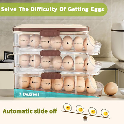 Egg Holder for Fridge with Lid and Handle, Automatic Rolling Egg Container for Refrigerator, Stackable Egg Organizer for Refrigerator, Countertop, Kitchen & Outdoor Use,Pantry Storage, Timed Freshness