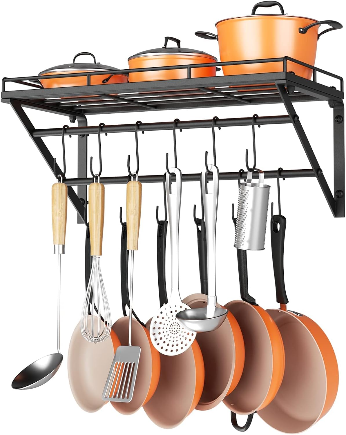 23" Pot Rack Wall Mounted, Pot Organizer with 2 Tier Hanging Rails