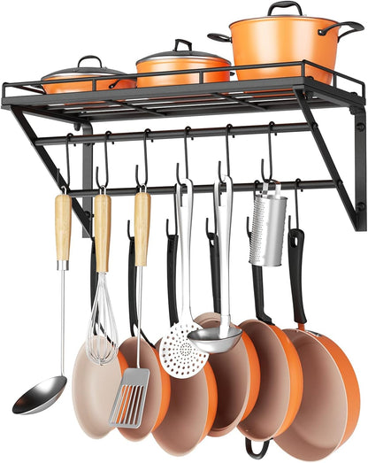 23" Pot Rack Wall Mounted, Pot Organizer with 2 Tier Hanging Rails