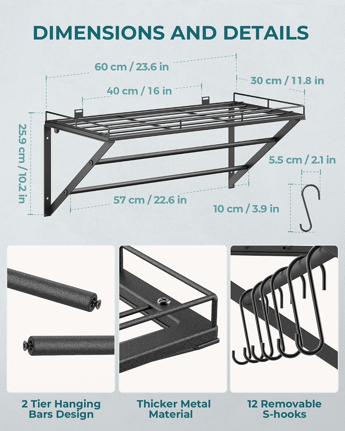 23" Pot Rack Wall Mounted, Pot Organizer with 2 Tier Hanging Rails