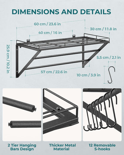 23" Pot Rack Wall Mounted, Pot Organizer with 2 Tier Hanging Rails