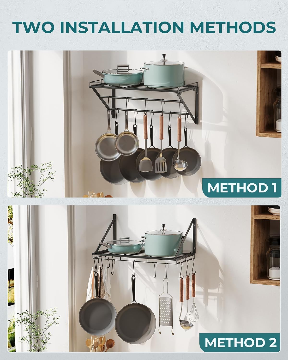 23" Pot Rack Wall Mounted, Pot Organizer with 2 Tier Hanging Rails