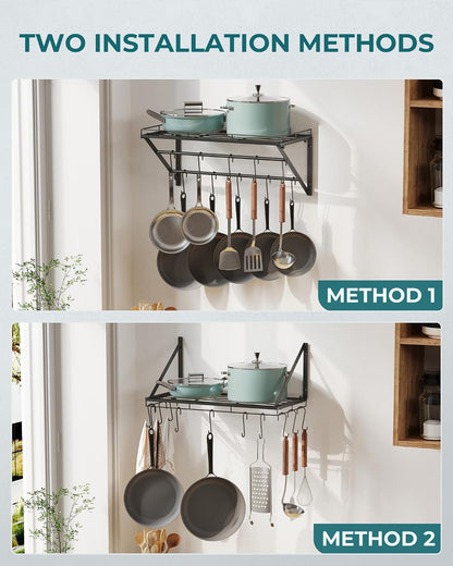 23" Pot Rack Wall Mounted, Pot Organizer with 2 Tier Hanging Rails