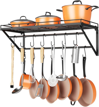 23" Pot Rack Wall Mounted, Pot Organizer with 2 Tier Hanging Rails