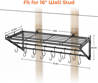 23" Pot Rack Wall Mounted, Pot Organizer with 2 Tier Hanging Rails