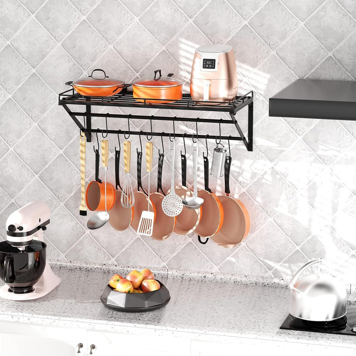 23" Pot Rack Wall Mounted, Pot Organizer with 2 Tier Hanging Rails