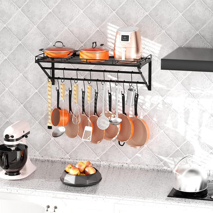 23" Pot Rack Wall Mounted, Pot Organizer with 2 Tier Hanging Rails