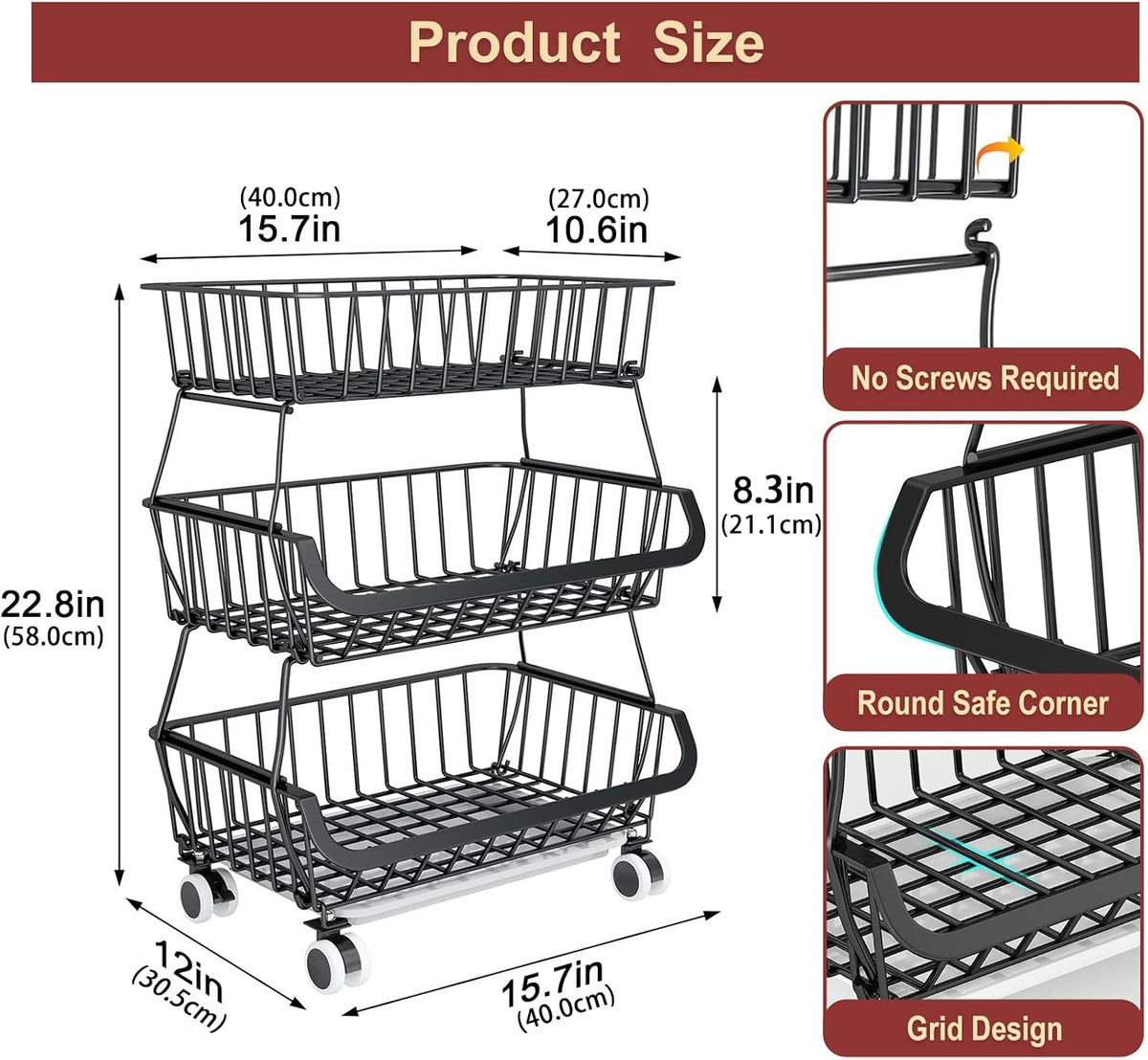 3-Tier Rolling Pantry Cart with Wheels, Stackable Wire Storage Floor Organizer for Kitchen Pantry Snack Shelves, Fruit Basket Stand, Vegetable Storage Rack for Food Snacks Onion Potato
