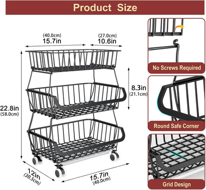 3-Tier Rolling Pantry Cart with Wheels, Stackable Wire Storage Floor Organizer for Kitchen Pantry Snack Shelves, Fruit Basket Stand, Vegetable Storage Rack for Food Snacks Onion Potato