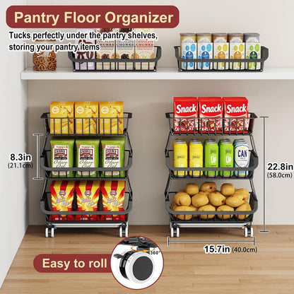 3-Tier Rolling Pantry Cart with Wheels, Stackable Wire Storage Floor Organizer for Kitchen Pantry Snack Shelves, Fruit Basket Stand, Vegetable Storage Rack for Food Snacks Onion Potato