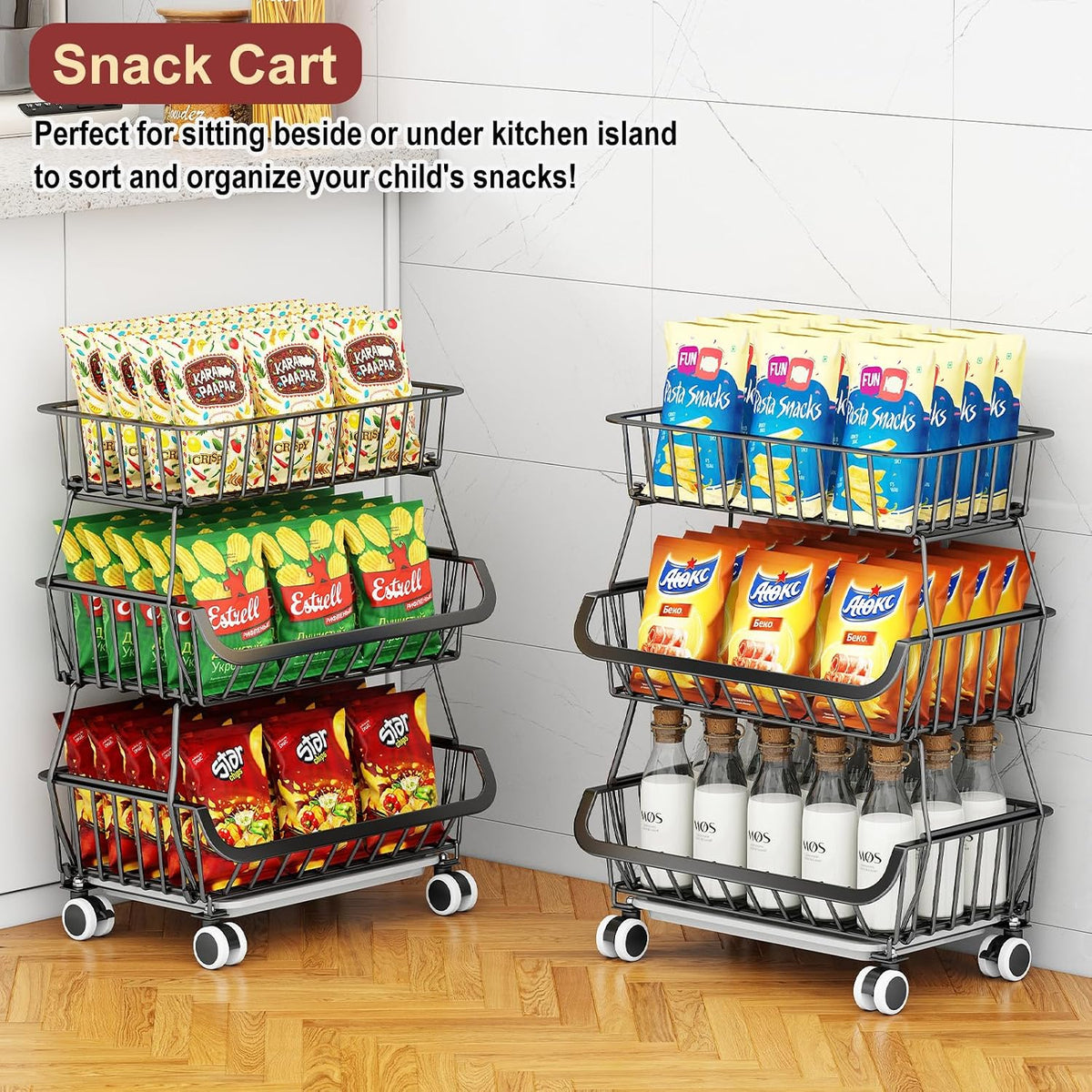 3-Tier Rolling Pantry Cart with Wheels, Stackable Wire Storage Floor Organizer for Kitchen Pantry Snack Shelves, Fruit Basket Stand, Vegetable Storage Rack for Food Snacks Onion Potato
