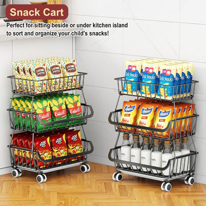 3-Tier Rolling Pantry Cart with Wheels, Stackable Wire Storage Floor Organizer for Kitchen Pantry Snack Shelves, Fruit Basket Stand, Vegetable Storage Rack for Food Snacks Onion Potato