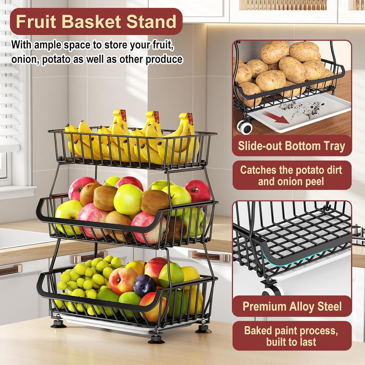 3-Tier Rolling Pantry Cart with Wheels, Stackable Wire Storage Floor Organizer for Kitchen Pantry Snack Shelves, Fruit Basket Stand, Vegetable Storage Rack for Food Snacks Onion Potato