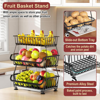 3-Tier Rolling Pantry Cart with Wheels, Stackable Wire Storage Floor Organizer for Kitchen Pantry Snack Shelves, Fruit Basket Stand, Vegetable Storage Rack for Food Snacks Onion Potato