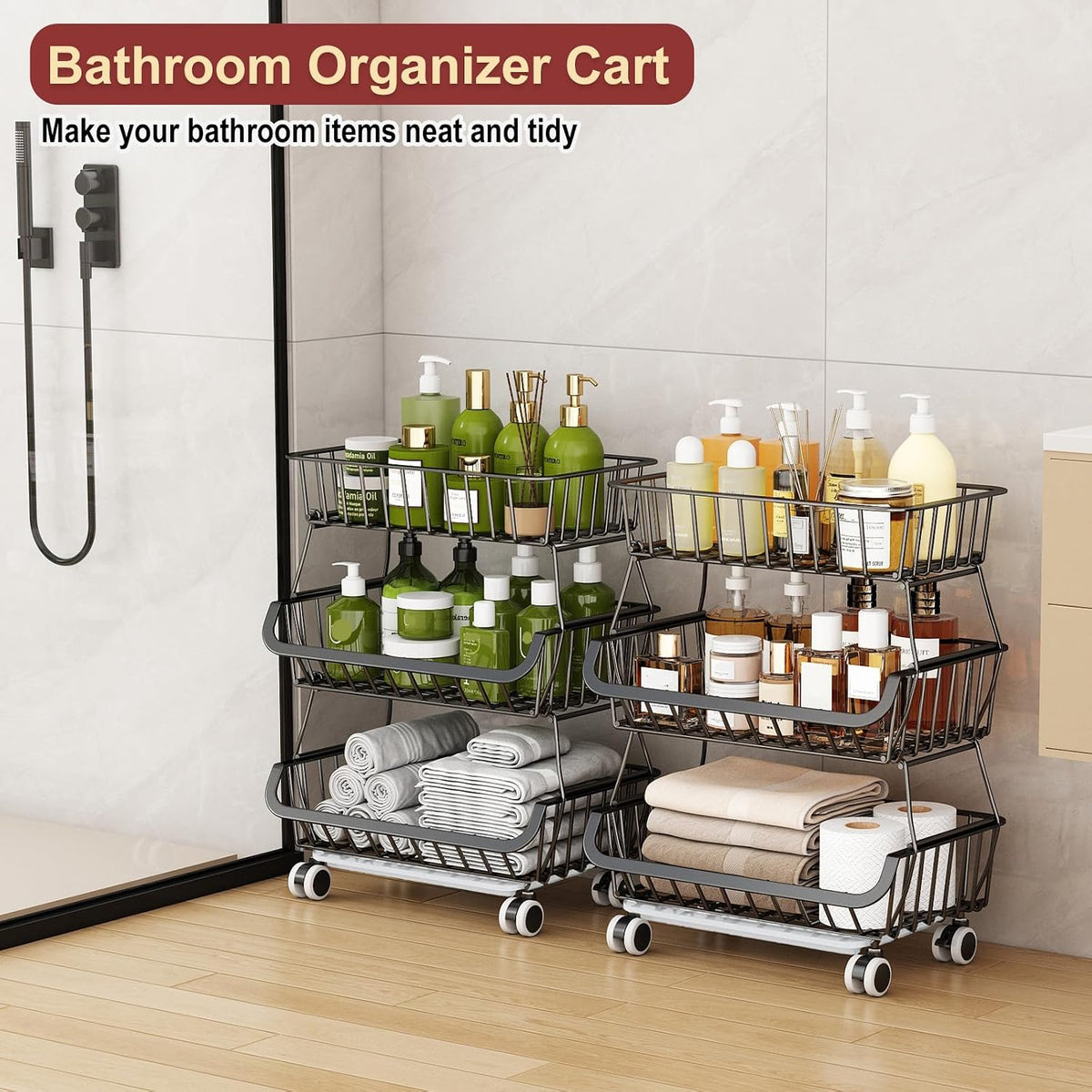 3-Tier Rolling Pantry Cart with Wheels, Stackable Wire Storage Floor Organizer for Kitchen Pantry Snack Shelves, Fruit Basket Stand, Vegetable Storage Rack for Food Snacks Onion Potato