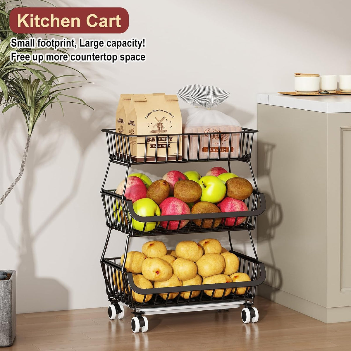 3-Tier Rolling Pantry Cart with Wheels, Stackable Wire Storage Floor Organizer for Kitchen Pantry Snack Shelves, Fruit Basket Stand, Vegetable Storage Rack for Food Snacks Onion Potato