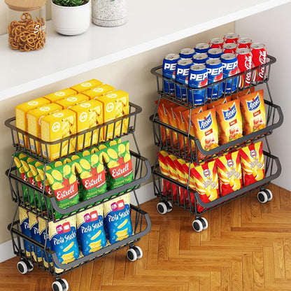 3-Tier Rolling Pantry Cart with Wheels, Stackable Wire Storage Floor Organizer for Kitchen Pantry Snack Shelves, Fruit Basket Stand, Vegetable Storage Rack for Food Snacks Onion Potato