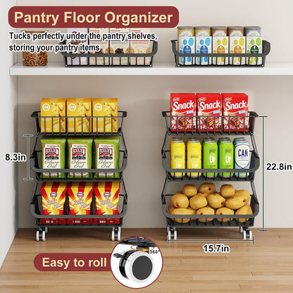 3-Tier Rolling Pantry Cart with Wheels, Stackable Wire Storage Floor Organizer for Kitchen Pantry Snack Shelves, Fruit Basket Stand, Vegetable Storage Rack for Food Snacks Onion Potato