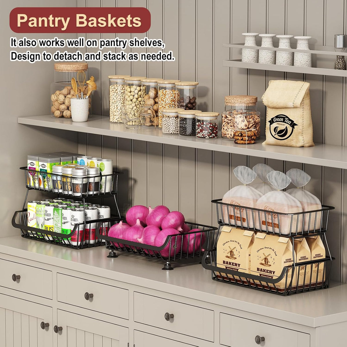 3-Tier Rolling Pantry Cart with Wheels, Stackable Wire Storage Floor Organizer for Kitchen Pantry Snack Shelves, Fruit Basket Stand, Vegetable Storage Rack for Food Snacks Onion Potato