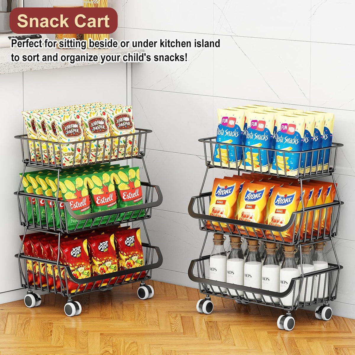 3-Tier Rolling Pantry Cart with Wheels, Stackable Wire Storage Floor Organizer for Kitchen Pantry Snack Shelves, Fruit Basket Stand, Vegetable Storage Rack for Food Snacks Onion Potato