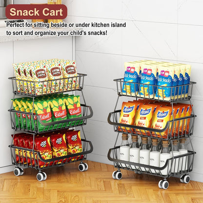 3-Tier Rolling Pantry Cart with Wheels, Stackable Wire Storage Floor Organizer for Kitchen Pantry Snack Shelves, Fruit Basket Stand, Vegetable Storage Rack for Food Snacks Onion Potato