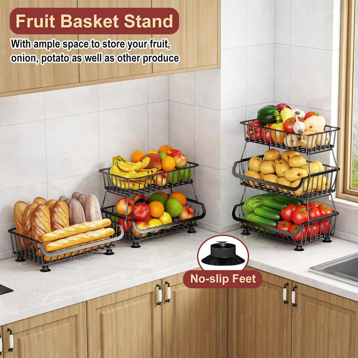 3-Tier Rolling Pantry Cart with Wheels, Stackable Wire Storage Floor Organizer for Kitchen Pantry Snack Shelves, Fruit Basket Stand, Vegetable Storage Rack for Food Snacks Onion Potato