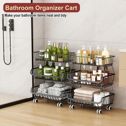 3-Tier Rolling Pantry Cart with Wheels, Stackable Wire Storage Floor Organizer for Kitchen Pantry Snack Shelves, Fruit Basket Stand, Vegetable Storage Rack for Food Snacks Onion Potato