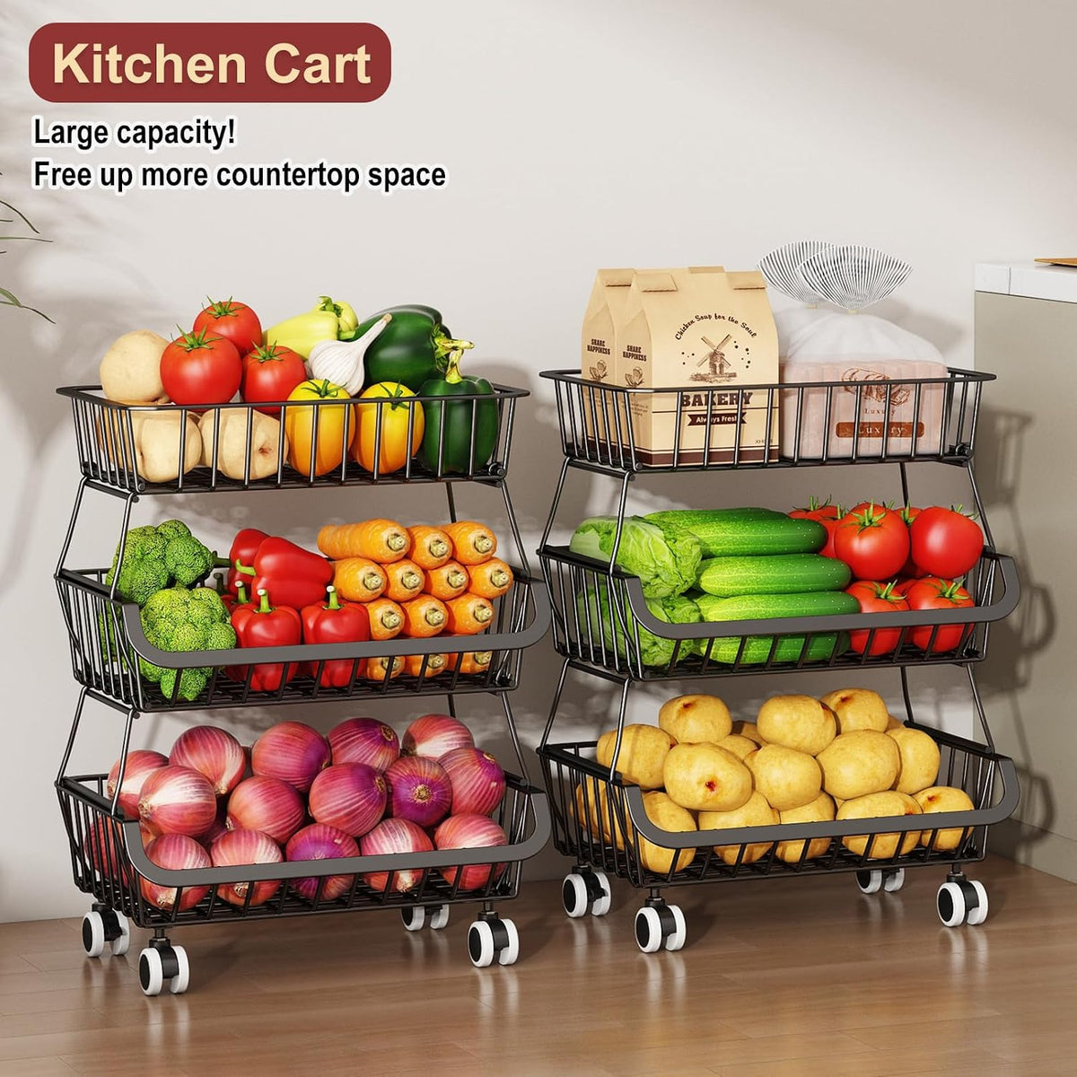 3-Tier Rolling Pantry Cart with Wheels, Stackable Wire Storage Floor Organizer for Kitchen Pantry Snack Shelves, Fruit Basket Stand, Vegetable Storage Rack for Food Snacks Onion Potato