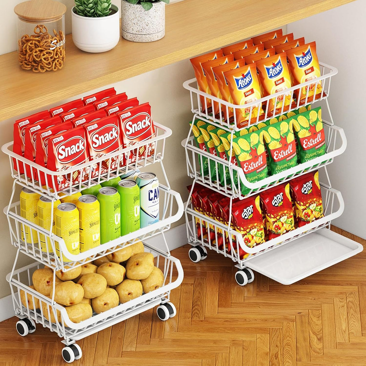 3-Tier Rolling Pantry Cart with Wheels, Stackable Wire Storage Floor Organizer for Kitchen Pantry Snack Shelves, Fruit Basket Stand, Vegetable Storage Rack for Food Snacks Onion Potato