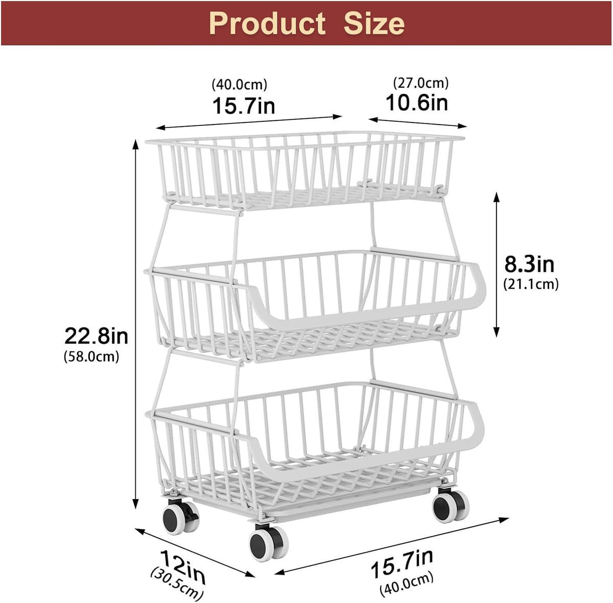 3-Tier Rolling Pantry Cart with Wheels, Stackable Wire Storage Floor Organizer for Kitchen Pantry Snack Shelves, Fruit Basket Stand, Vegetable Storage Rack for Food Snacks Onion Potato