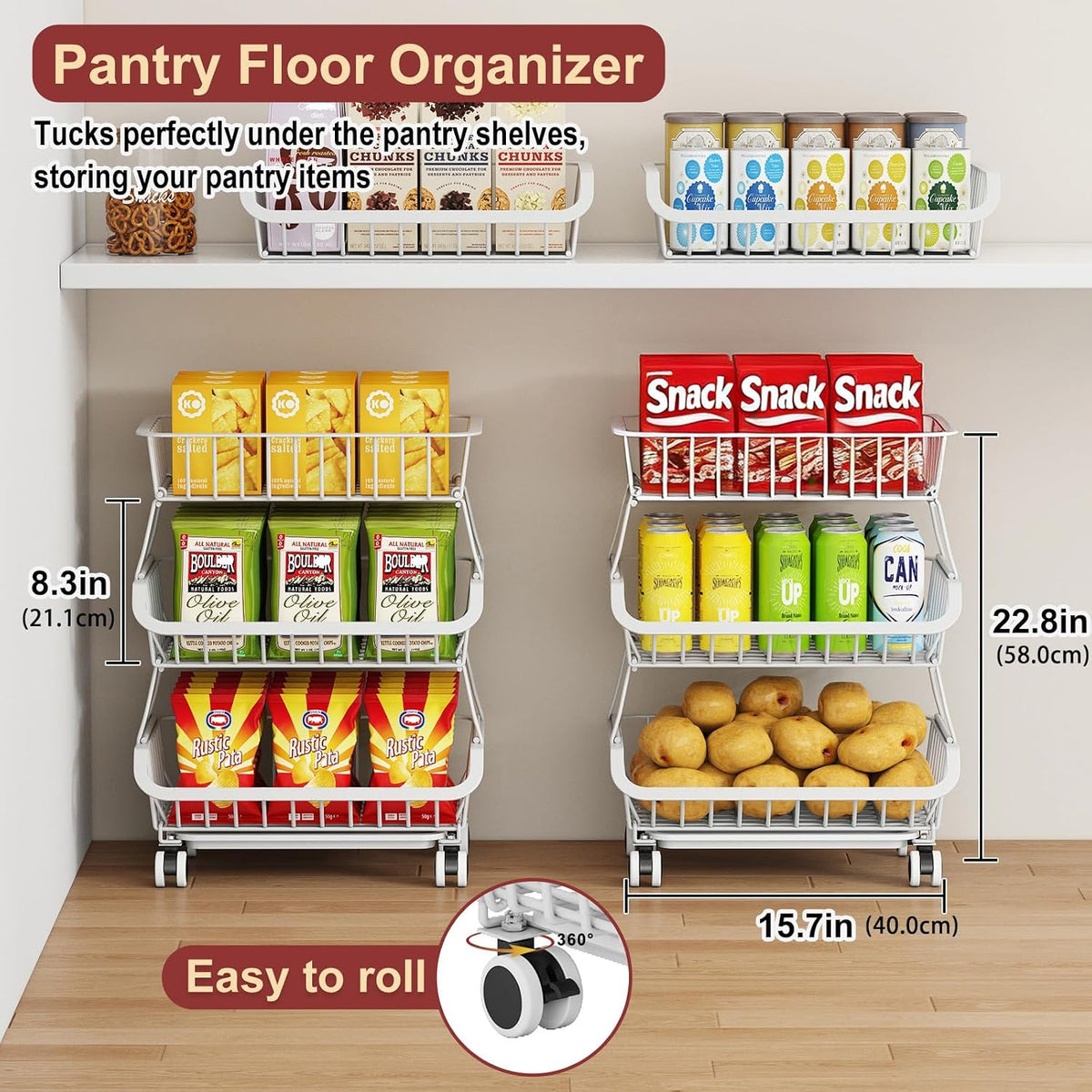 3-Tier Rolling Pantry Cart with Wheels, Stackable Wire Storage Floor Organizer for Kitchen Pantry Snack Shelves, Fruit Basket Stand, Vegetable Storage Rack for Food Snacks Onion Potato