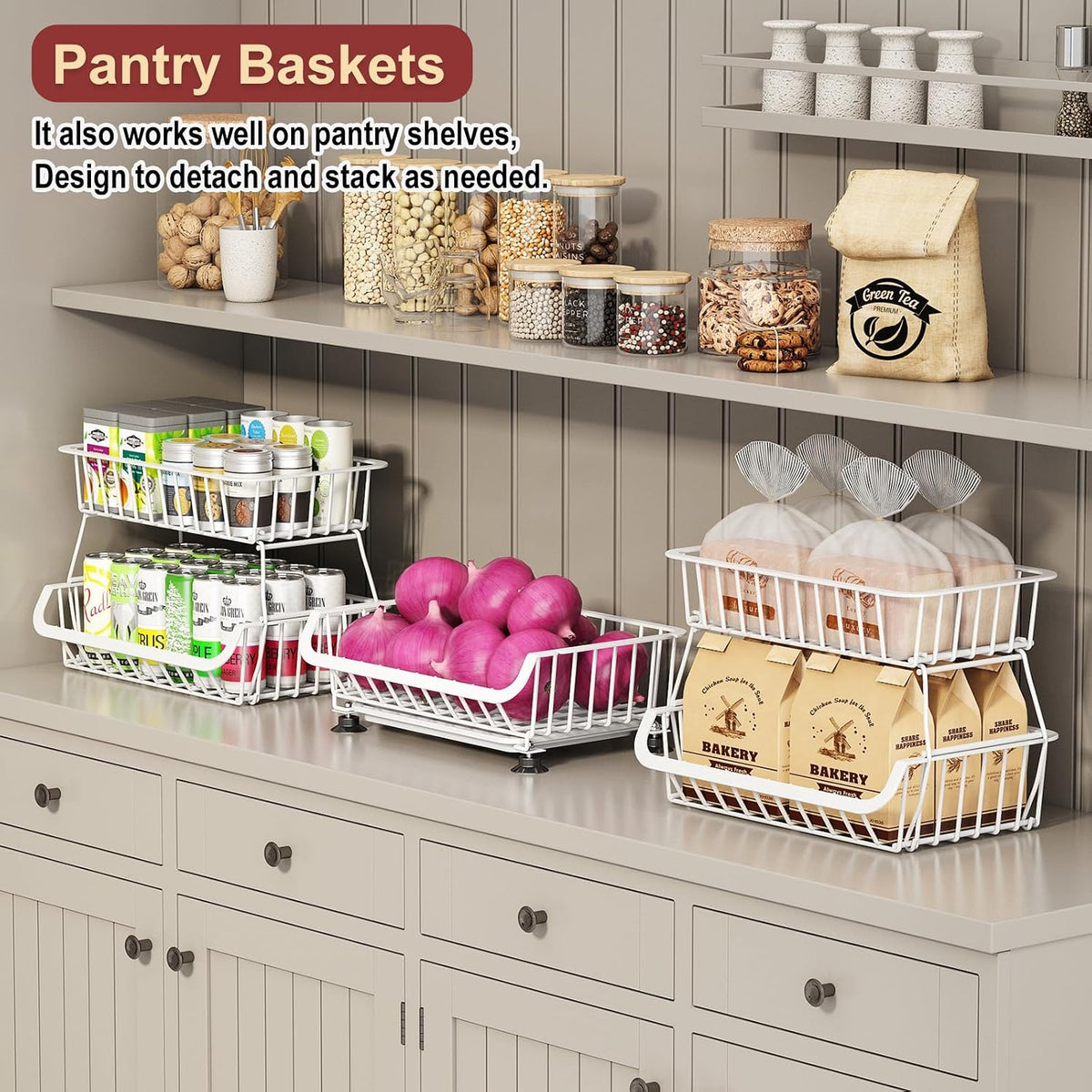 3-Tier Rolling Pantry Cart with Wheels, Stackable Wire Storage Floor Organizer for Kitchen Pantry Snack Shelves, Fruit Basket Stand, Vegetable Storage Rack for Food Snacks Onion Potato
