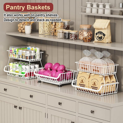 3-Tier Rolling Pantry Cart with Wheels, Stackable Wire Storage Floor Organizer for Kitchen Pantry Snack Shelves, Fruit Basket Stand, Vegetable Storage Rack for Food Snacks Onion Potato