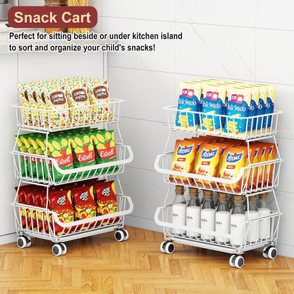 3-Tier Rolling Pantry Cart with Wheels, Stackable Wire Storage Floor Organizer for Kitchen Pantry Snack Shelves, Fruit Basket Stand, Vegetable Storage Rack for Food Snacks Onion Potato