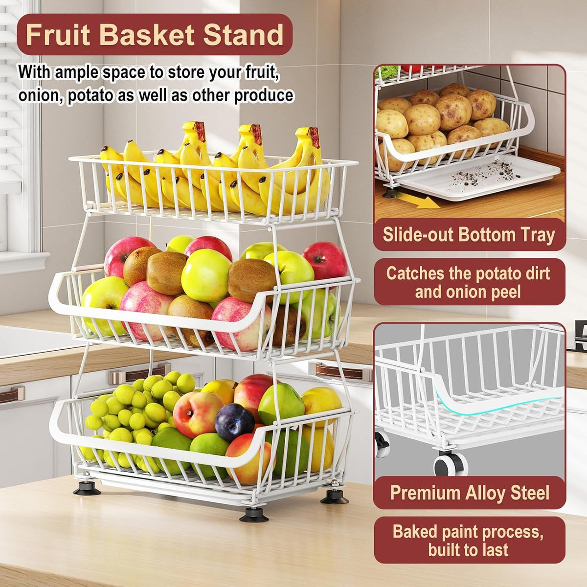 3-Tier Rolling Pantry Cart with Wheels, Stackable Wire Storage Floor Organizer for Kitchen Pantry Snack Shelves, Fruit Basket Stand, Vegetable Storage Rack for Food Snacks Onion Potato