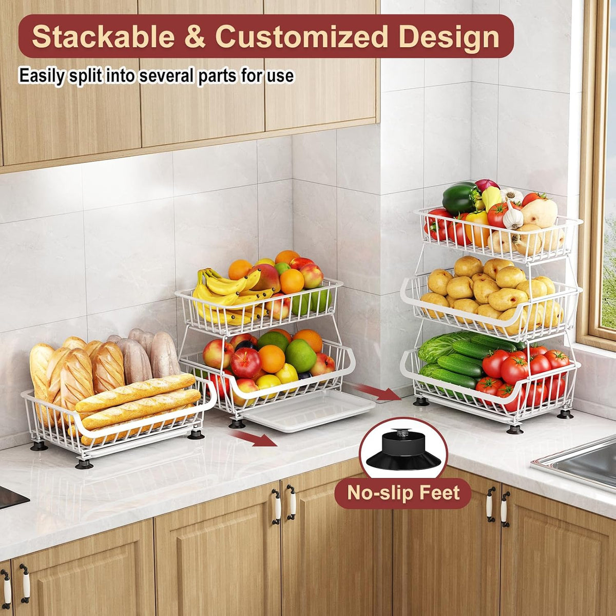 3-Tier Rolling Pantry Cart with Wheels, Stackable Wire Storage Floor Organizer for Kitchen Pantry Snack Shelves, Fruit Basket Stand, Vegetable Storage Rack for Food Snacks Onion Potato