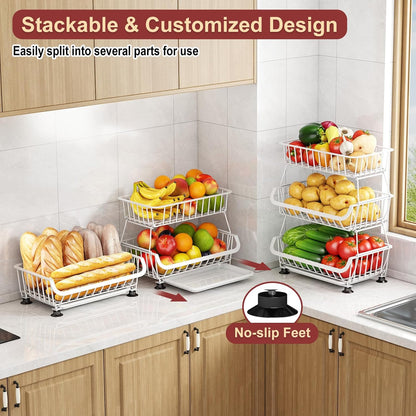 3-Tier Rolling Pantry Cart with Wheels, Stackable Wire Storage Floor Organizer for Kitchen Pantry Snack Shelves, Fruit Basket Stand, Vegetable Storage Rack for Food Snacks Onion Potato