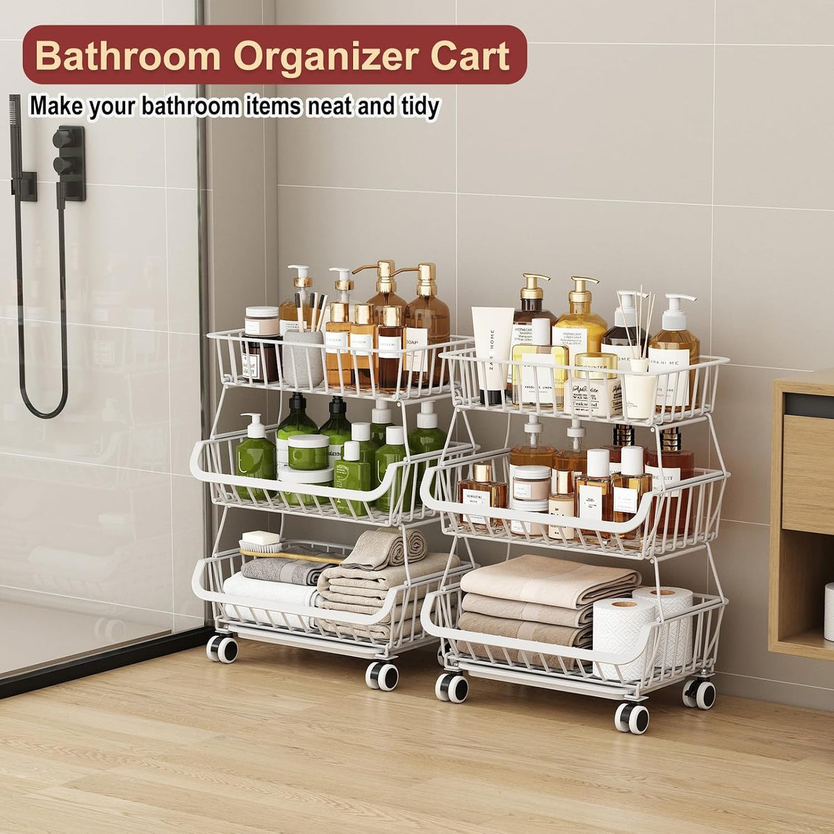 3-Tier Rolling Pantry Cart with Wheels, Stackable Wire Storage Floor Organizer for Kitchen Pantry Snack Shelves, Fruit Basket Stand, Vegetable Storage Rack for Food Snacks Onion Potato