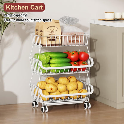 3-Tier Rolling Pantry Cart with Wheels, Stackable Wire Storage Floor Organizer for Kitchen Pantry Snack Shelves, Fruit Basket Stand, Vegetable Storage Rack for Food Snacks Onion Potato